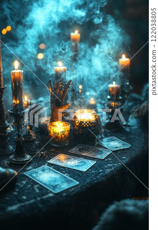 A black mystical table setup with tarot cards 122038805