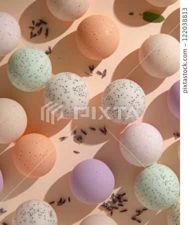 Colorful Bath Bombs on Pastel Peach Background with Lavender Details Colorful Bath Bombs on Pastel Peach Background with Lavender Details 122038813