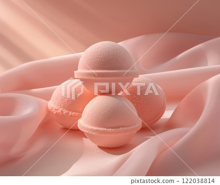 Soft Pink Bath Bombs Stacked on Delicate Silk Fabric Soft Pink Bath Bombs Stacked on Delicate Silk Fabric 122038814