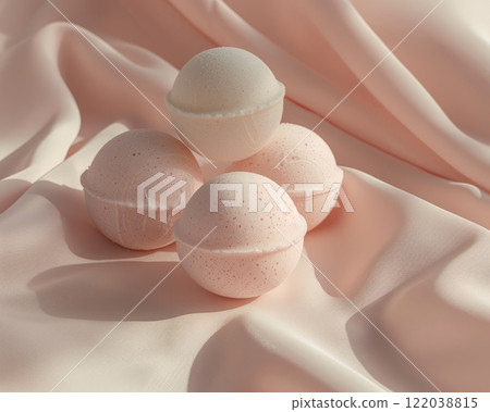 Soft Pink Bath Bombs Stacked on Delicate Silk Fabric 122038815