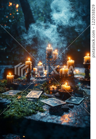 Mystical Tarot Card Floating Above Candlelit Esoteric Setup 122038829