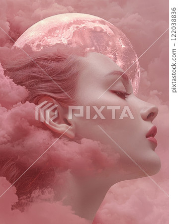 Surreal Portrait of a Woman s Face Blending with Pink Clouds 122038836