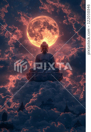 Buddha Statue Meditating with Glowing Full Moon and Mystical Clouds 122038846
