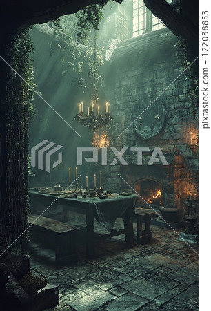Mystical Medieval Dining Hall with Candlelit Atmosphere 122038853