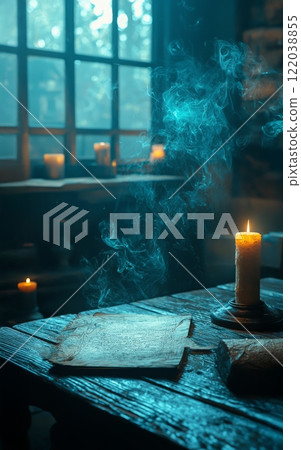 Candlelit Desk with Smoke and Ancient Manuscripts Candlelit Desk with Smoke and Ancient Manuscripts 122038855