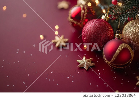 Elegant Red and Gold Christmas Ornaments on Festive Background Elegant Red and Gold Christmas Ornaments on Festive Background 122038864