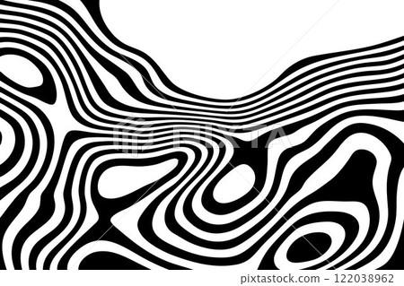 Black white wavy background optical illusion. Lines stripes pattern distortion ripple effect. Eps 10 Black white wavy background optical illusion. Lines stripes pattern distortion ripple effect. Eps 10 122038962