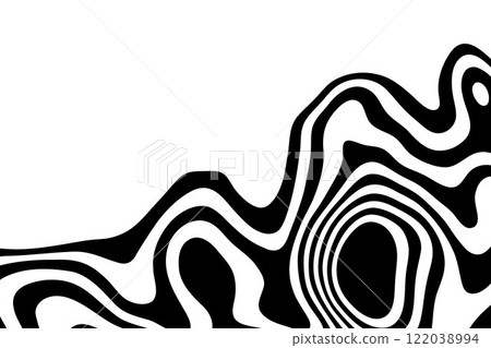 Black and white hallucination. Optical illusion. Twisted illustration. Abstract futuristic background of stripes. Dynamic wave. Vector. Eps 10 122038994