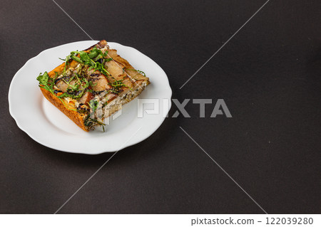 Delicious pancakes topped with cheese and cocoa with a rich chocolate icing Delicious pancakes topped with cheese and cocoa with a rich chocolate icing 122039280