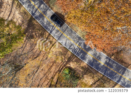 Road trip travel in Appalachian mountains. Car driving on parkway through woods nature in fall season. Colorful forest in autumn Tennessee Road trip travel in Appalachian mountains. Car driving on parkway through woods nature in fall season. Colorful forest in autumn Tennessee 122039379