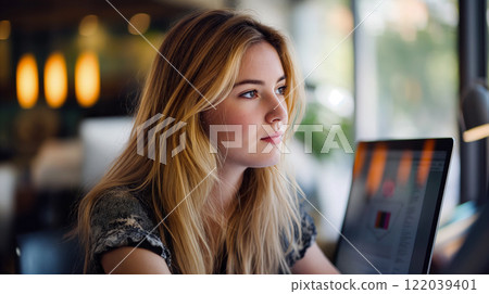 Young woman focused on her work at a laptop in a cozy cafe during the afternoon 122039401