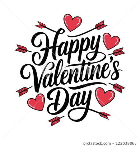 Happy Valentine's Day Calligraphy Design with Hearts 122039865