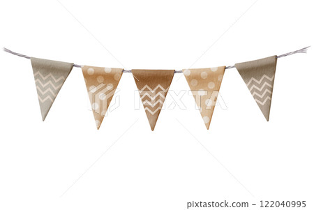 Triangular holiday flags polka-dotted,zigzagged with twisted gray rope as ready template of event decorations as garlands in pastel earthy fall colors.Watercolor set on a transparent background Triangular holiday flags polka-dotted,zigzagged with twisted gray rope as ready template of event decorations as garlands in pastel earthy fall colors.Watercolor set on a transparent background 122040995