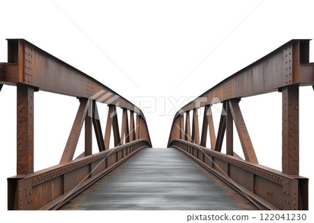 a rough metal bridge entrance going into the distance on the white background  122041230