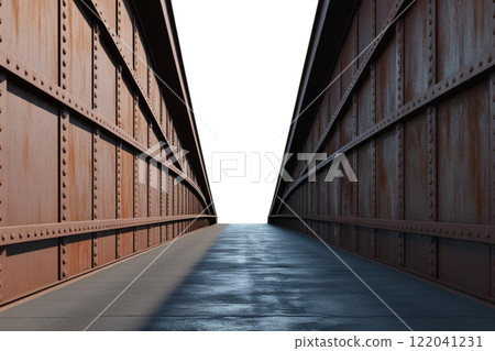 a rough metal bridge entrance going into the distance on the white background  122041231