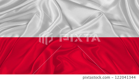 Realistic Poland flag waving. Close up of flag of Poland with cloth texture Realistic Poland flag waving. Close up of flag of Poland with cloth texture 122041344
