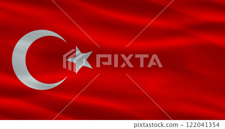 Turkish flag with a fabric texture waving. Close up of flag of Turkey with cloth texture 122041354