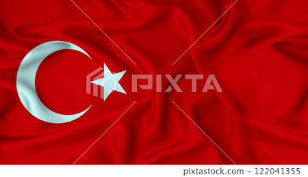 Realistic Turkey flag waving. Close up of flag of Turkey with cloth texture 122041355