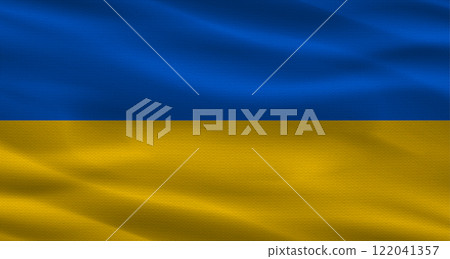 Ukrainian flag with a fabric texture waving. Close up of flag of Ukraine with cloth texture 122041357