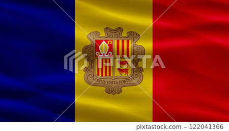 Andorra flag with fabric texture waving. Close up of flag of Andorra with cloth texture 122041366