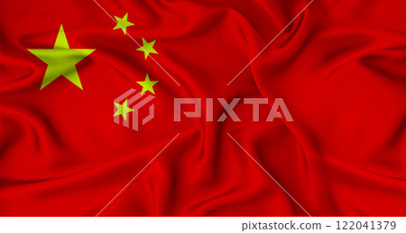 Close up of flag of China with cloth texture. Realistic China flag waving 122041379