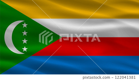 Flag of Comoros Waving with Texture and Vibrant Colors. Beautiful flag of Comoros with texture waving in the wind Flag of Comoros Waving with Texture and Vibrant Colors. Beautiful flag of Comoros with texture waving in the wind 122041381
