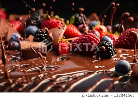 莓果和巧克力醬飛濺 122041565