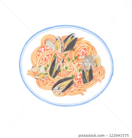 用色鉛筆繪製的海鮮麵食 pescatore 的插圖 122041575