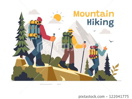 Mountain Hiking Vector Illustration featuring People with Backpacks and Walking Poles Trekking on a Trail in a Peaceful Mountain Landscape 122041775