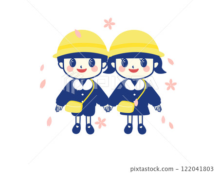 幼稚園小朋友手牽手，櫻花翩翩起舞 122041803