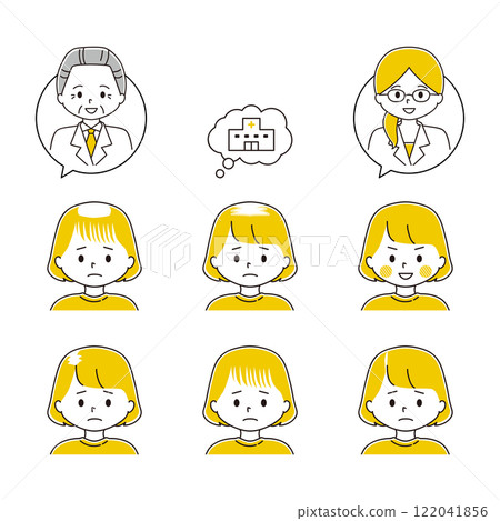 Set of various types of thinning hair Doctor and hospital speech bubble Female FAGA Set of various types of thinning hair Doctor and hospital speech bubble Female FAGA 122041856