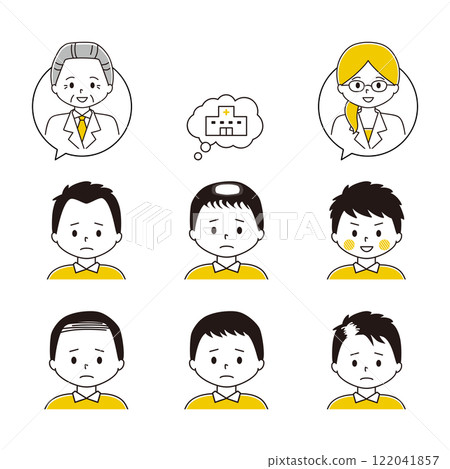 Set of various types of thinning hair Doctor and hospital speech bubbles Men AGA Set of various types of thinning hair Doctor and hospital speech bubbles Men AGA 122041857