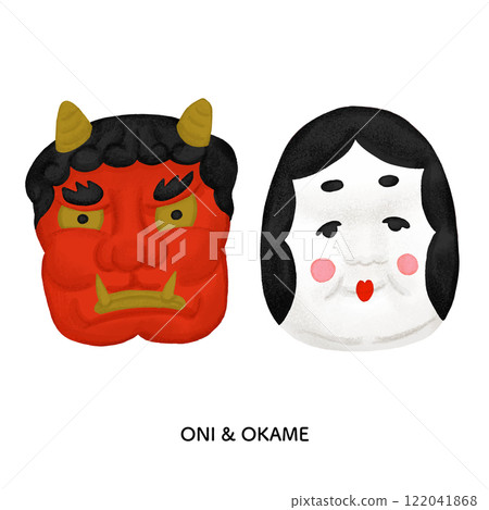 Setsubun Oni 和 Okame 面具彩色鉛筆觸摸插圖 122041868