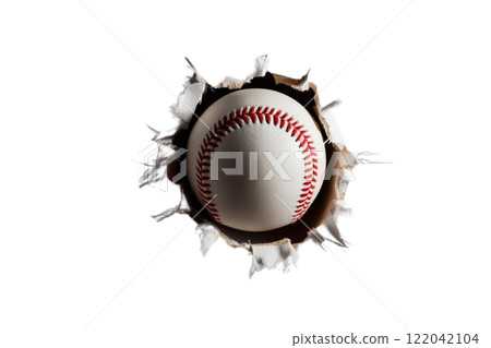 baseball bursting through a hole on the white background baseball bursting through a hole on the white background 122042104