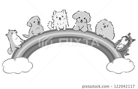 Illustration of smiling dogs and a rainbow (for pet shops, dog kindergartens, dog schools, etc.) Illustration of smiling dogs and a rainbow (for pet shops, dog kindergartens, dog schools, etc.) 122042117