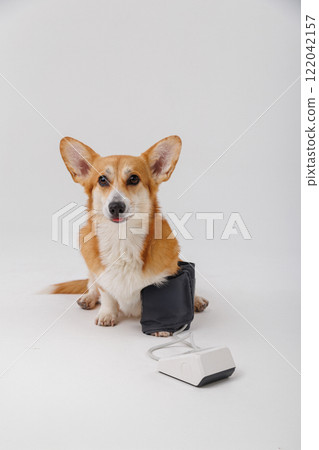 Corgi dog with blood pressure cuff, healthcare for pets, veterinarian checkup Corgi dog with blood pressure cuff, healthcare for pets, veterinarian checkup 122042157