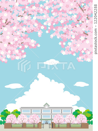Illustration of a spring school building where cherry blossoms bloom 122042288
