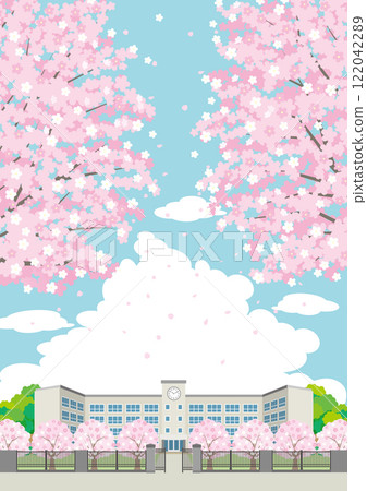Illustration of a spring school building where cherry blossoms bloom 122042289