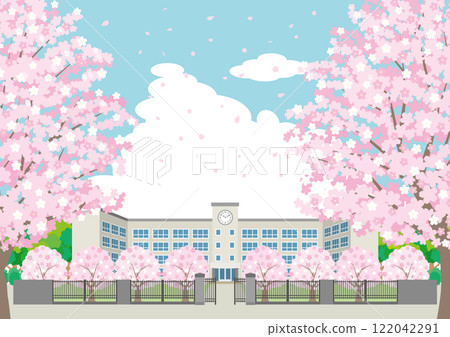 櫻花盛開的春季校舍的插圖 122042291
