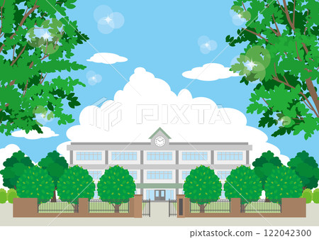 Illustration of a school building in the season of fresh greenery Illustration of a school building in the season of fresh greenery 122042300