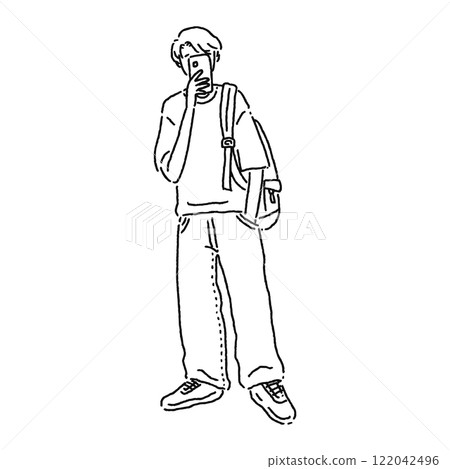 一個男人用智慧型手機自拍的線條畫 122042496