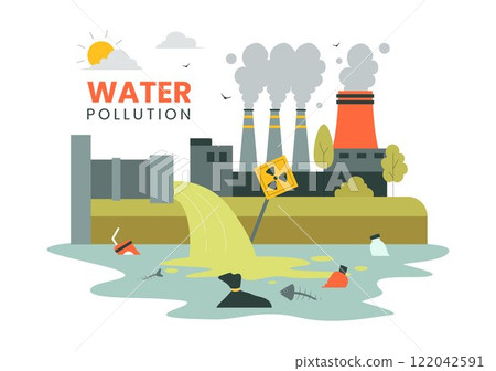Water Pollution Vector Illustration Depicting an Environmental Disaster Caused by Industrial Production with a Factory Emitting Smoke Through Chimneys Water Pollution Vector Illustration Depicting an Environmental Disaster Caused by Industrial Production with a Factory Emitting Smoke Through Chimneys 122042591