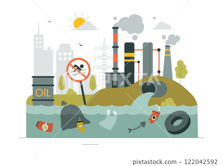 Water Pollution Vector Illustration Depicting an Environmental Disaster Caused by Industrial Production with a Factory Emitting Smoke Through Chimneys 122042592
