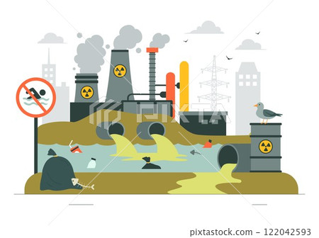 Water Pollution Vector Illustration Depicting an Environmental Disaster Caused by Industrial Production with a Factory Emitting Smoke Through Chimneys Water Pollution Vector Illustration Depicting an Environmental Disaster Caused by Industrial Production with a Factory Emitting Smoke Through Chimneys 122042593