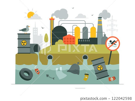 Water Pollution Vector Illustration Depicting an Environmental Disaster Caused by Industrial Production with a Factory Emitting Smoke Through Chimneys Water Pollution Vector Illustration Depicting an Environmental Disaster Caused by Industrial Production with a Factory Emitting Smoke Through Chimneys 122042598