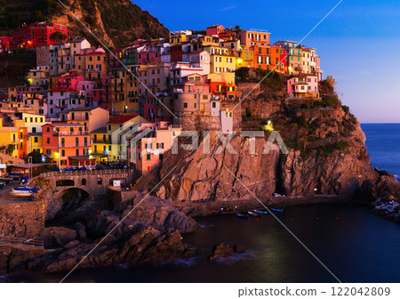 Manarola La Spezia city with small villages at evening, Italy Manarola La Spezia city with small villages at evening, Italy 122042809