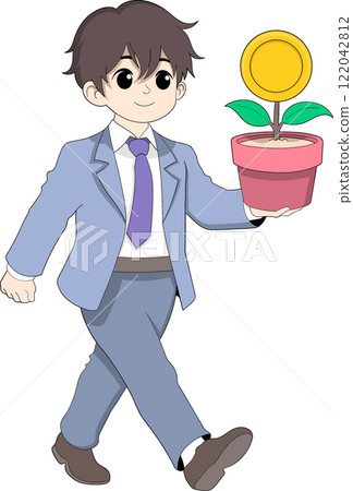 Businessman Carrying Golden Coin Plant Symbolizing Successful Investment 122042812