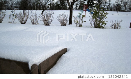 冬日陽光明媚的日子裡，一座被雪覆蓋的公園 122042841
