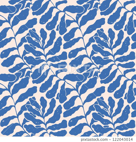 Blue abstract seamless pattern with leaves palm in Matisse style. Vector hand drawn print with scandinavian cut out elements. Vector endless illustration for paper, cover, fabric, interior decor. Blue abstract seamless pattern with leaves palm in Matisse style. Vector hand drawn print with scandinavian cut out elements. Vector endless illustration for paper, cover, fabric, interior decor. 122043014