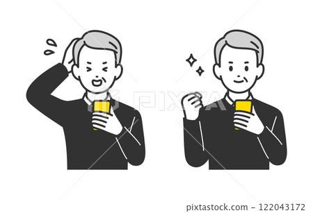 Set of senior men and elderly people who are in a hurry and making a fist pump while looking at their smartphone [People vector illustration material] 122043172